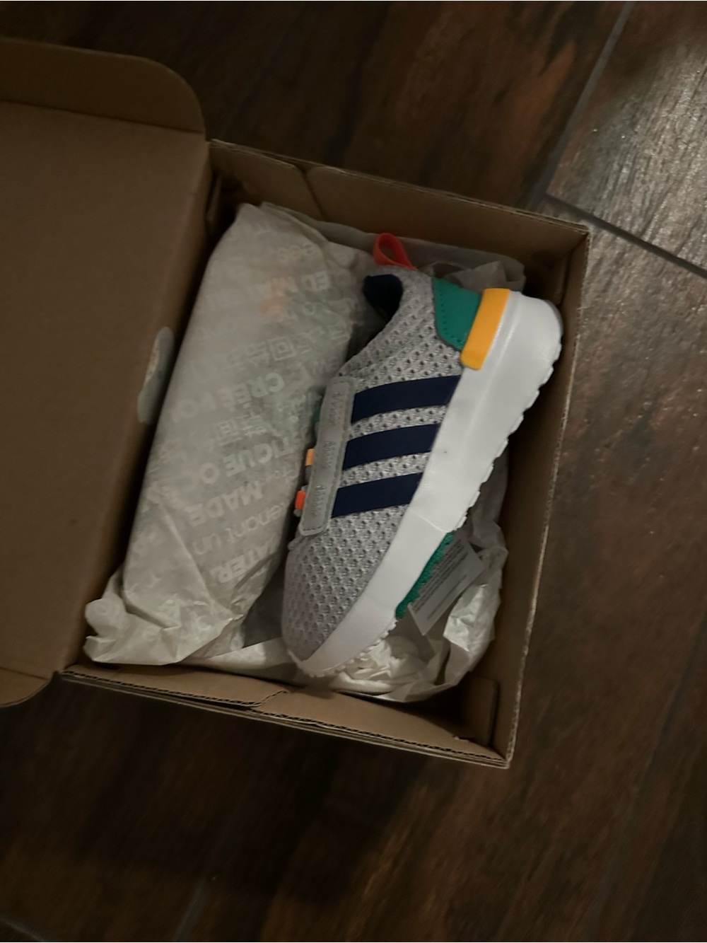 adidas Kids Grey Sneakers with Navy Stripes and Teal Accents